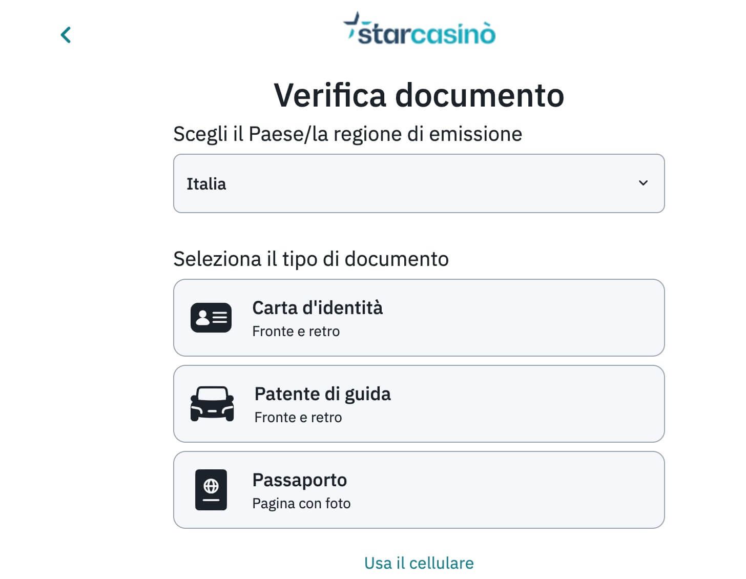 StarCasinò verifica documento