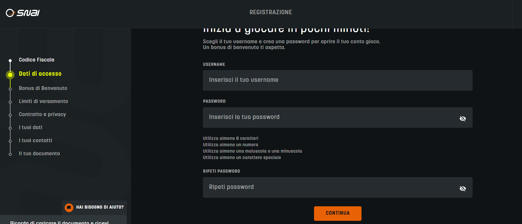 inserimento dati SNAI Casinò