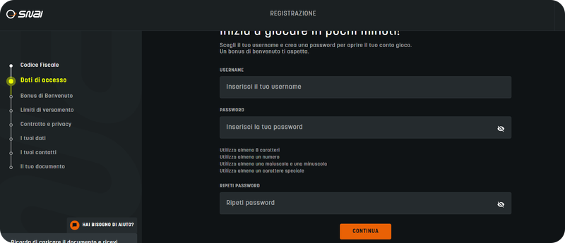 inserimento dati SNAI Casinò