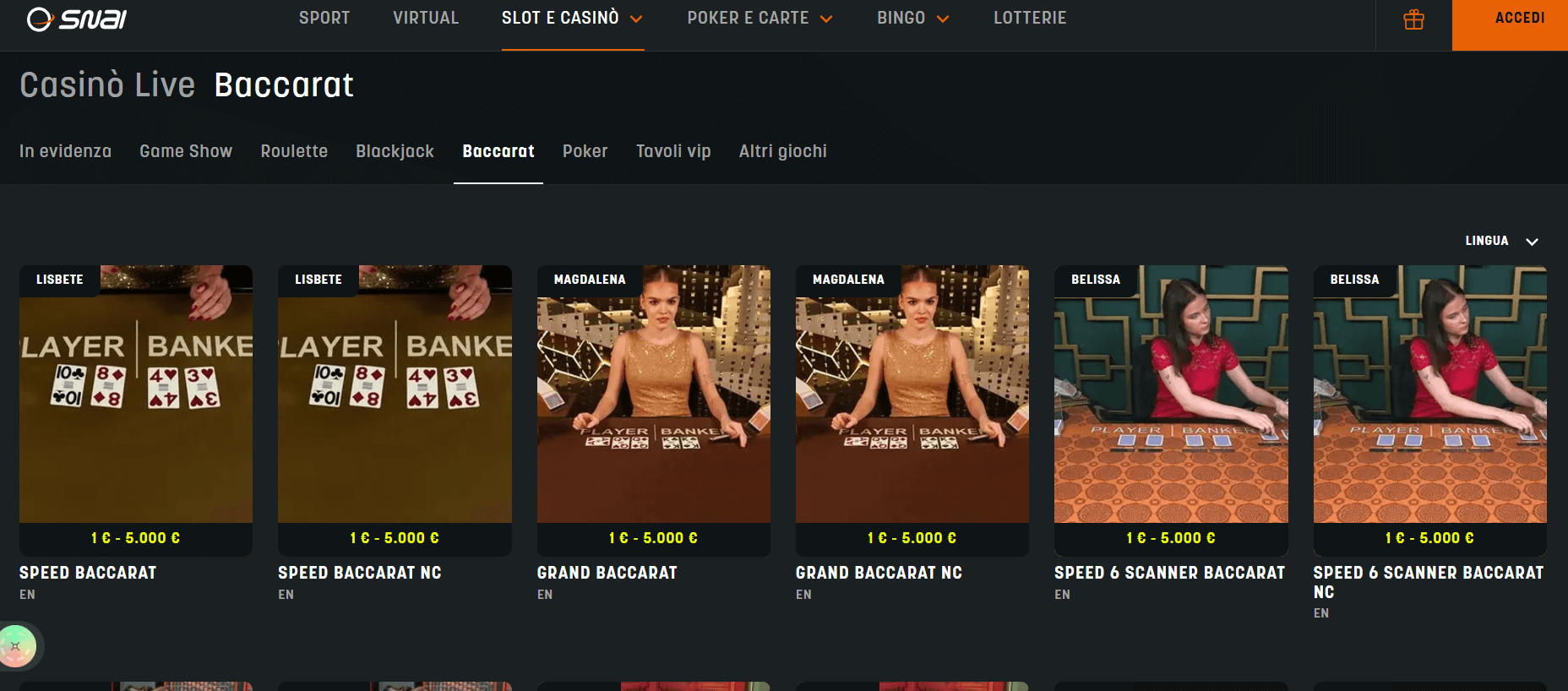 live baccarat SNAI Casinò