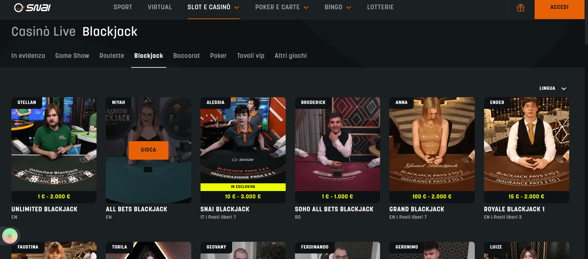 live blackjack SNAI Casinò