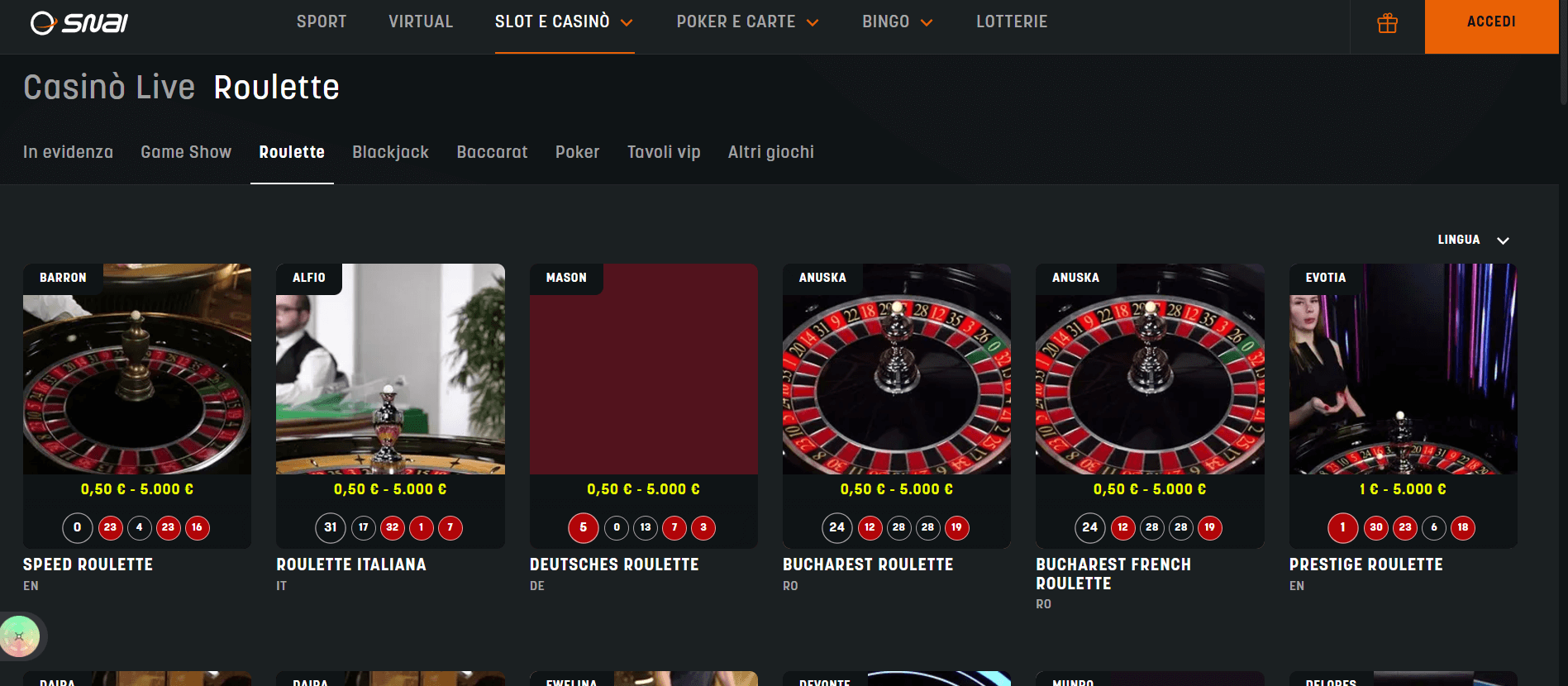 roulette live SNAI Casinò