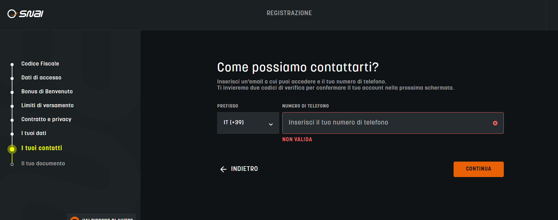 inserimento telefono SNAI Casinò
