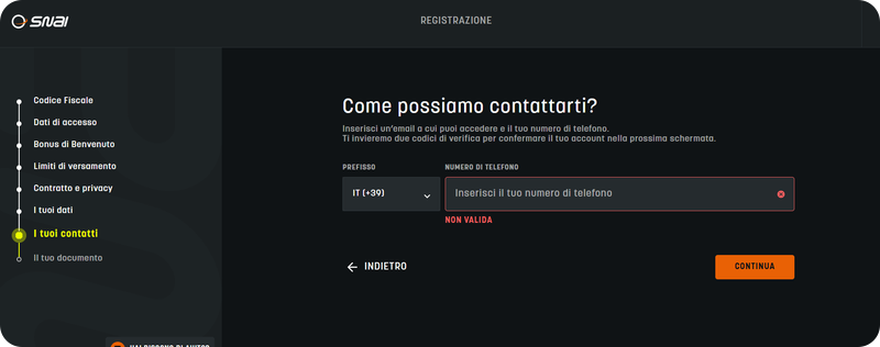 inserimento telefono SNAI Casinò