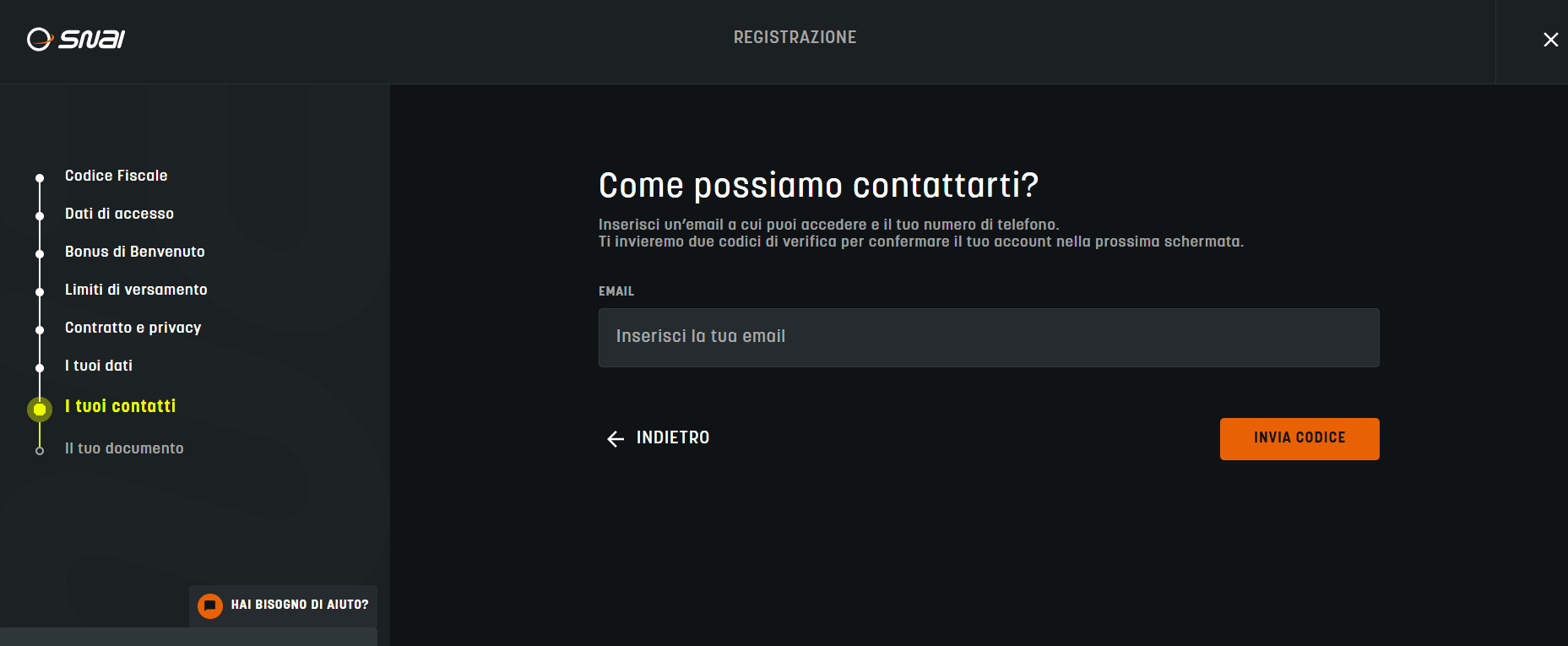 inserimento email su SNAI Casinò