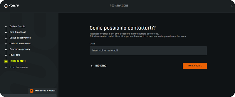 inserimento email su SNAI Casinò
