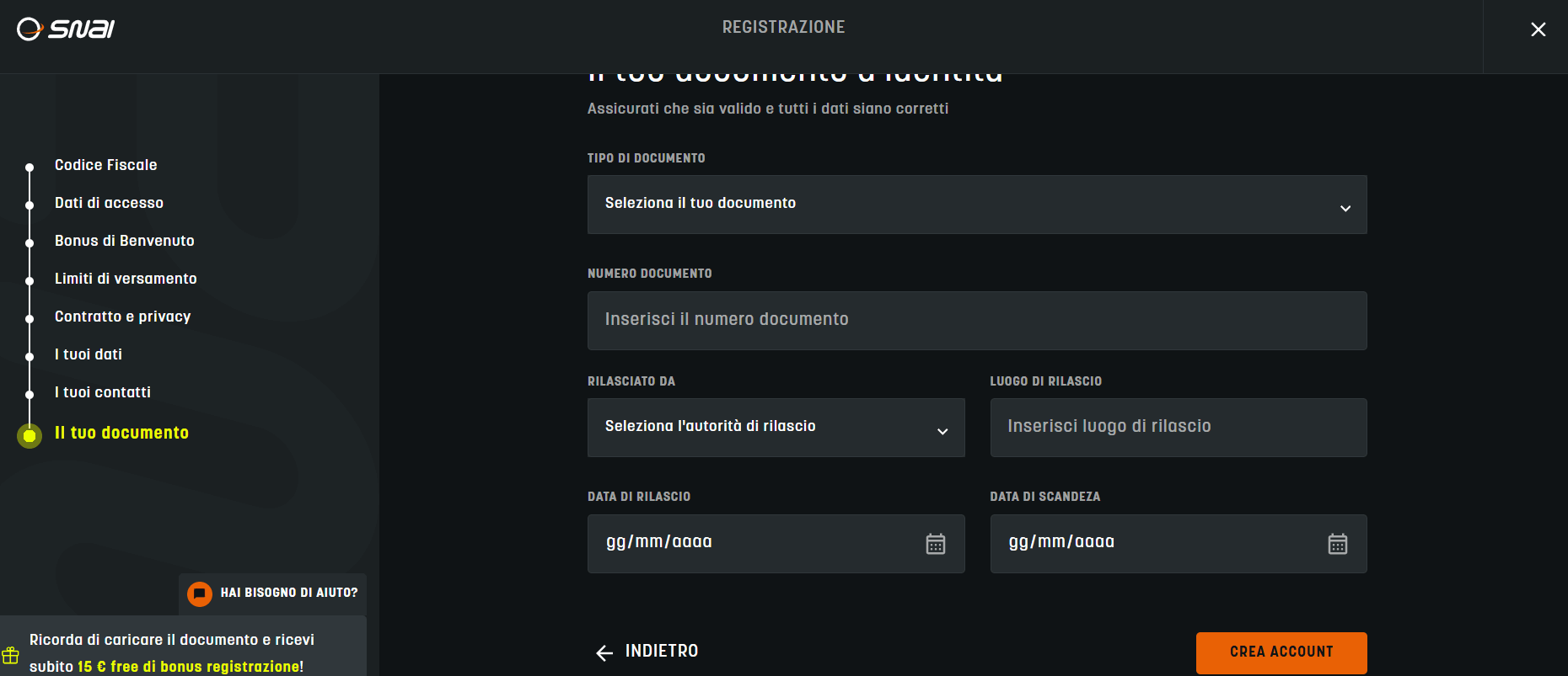 documento di identità SNAI Casinò