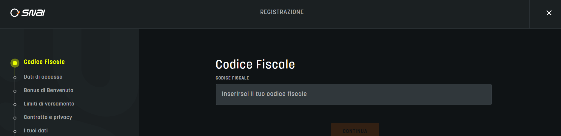 inserimento codice fiscale SNAI Casinò