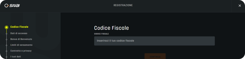 inserimento codice fiscale SNAI Casinò