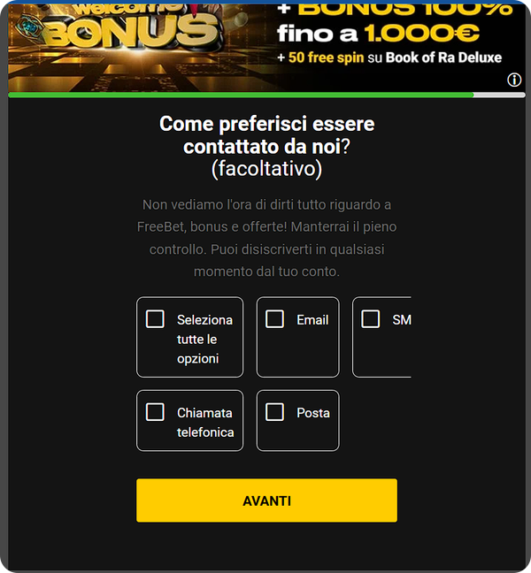 fase 9 di registrazione su Bwin