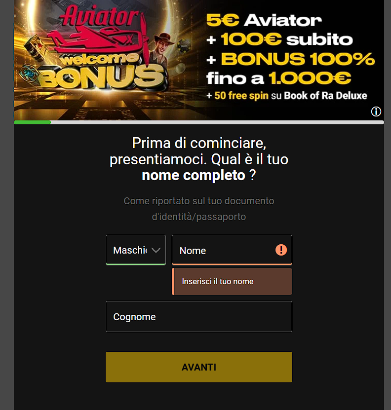 fase 4 di registrazione su Bwin