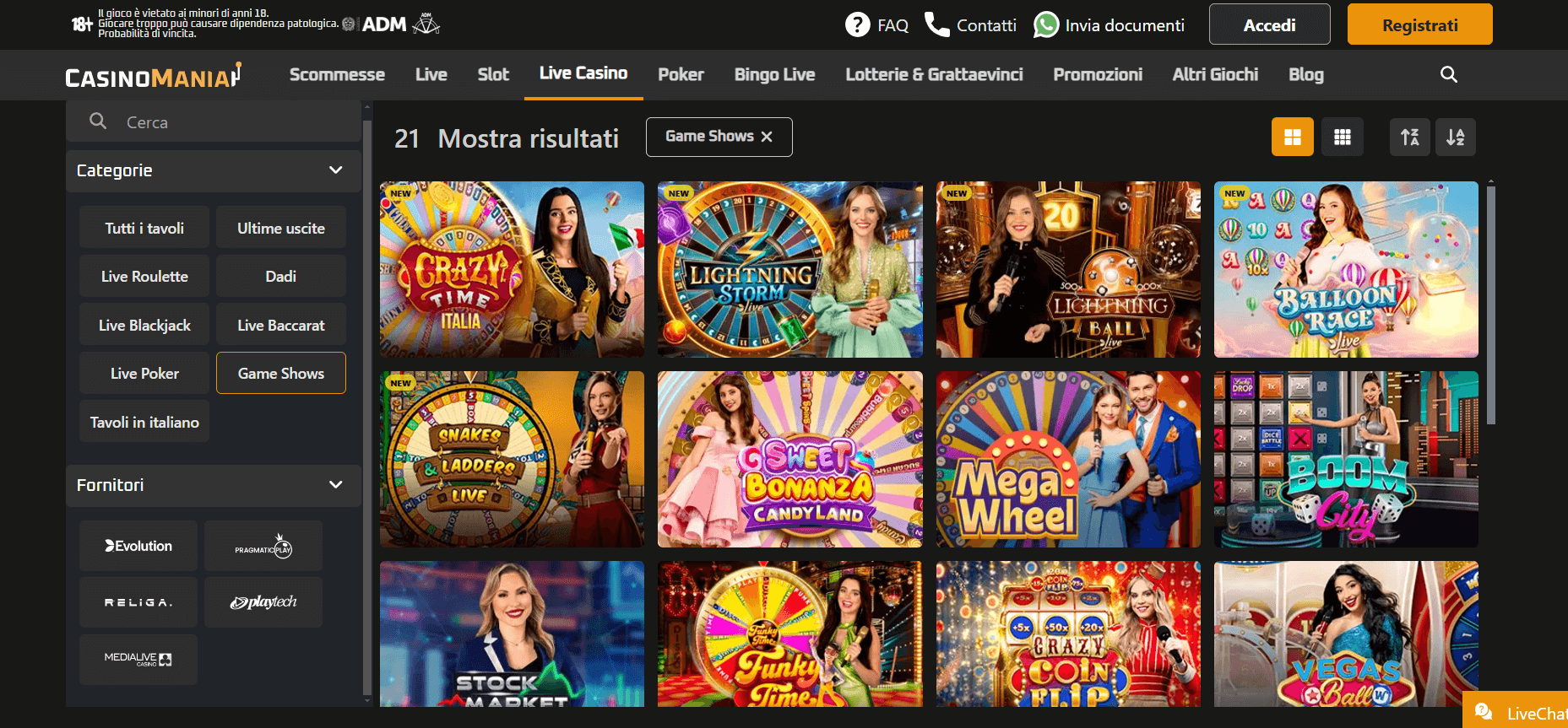 live game shows casinomania