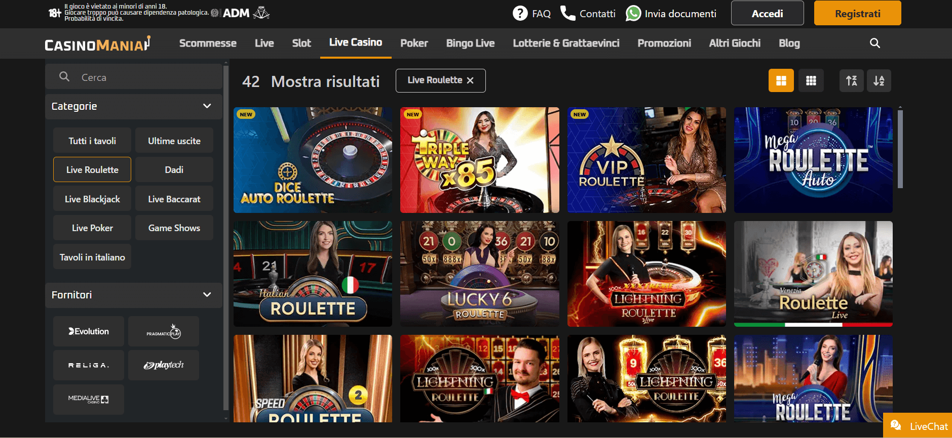 Tavolo di roulette live su CasinoMania