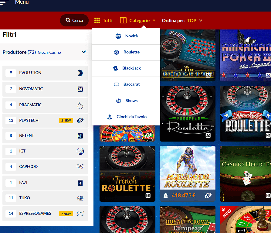 sezione Casinò Starvegas