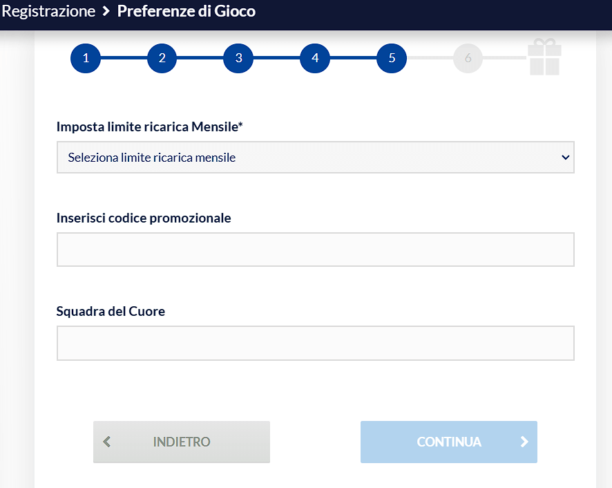 fase 5 di registrazione su Starvegas