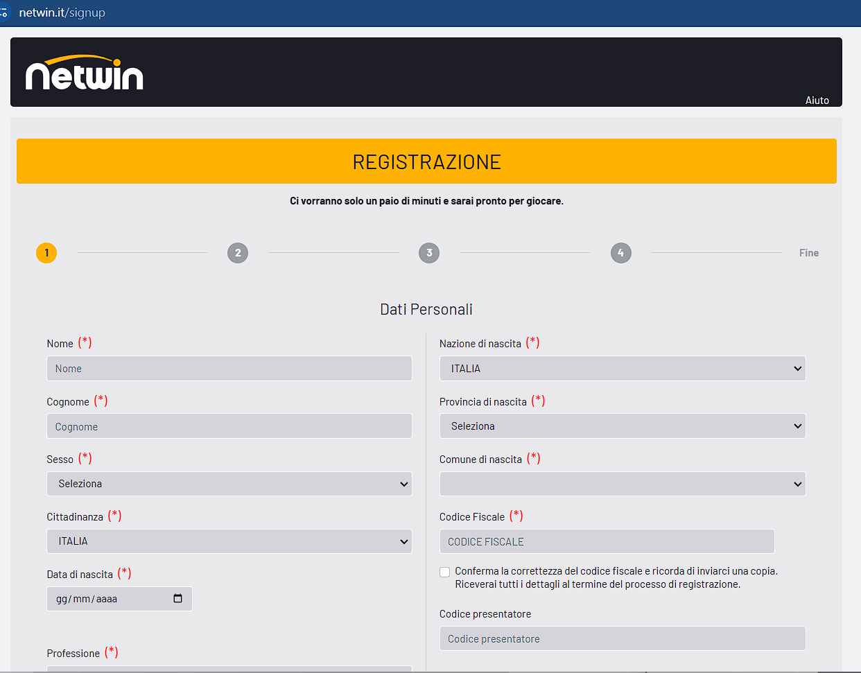 Fase 1 di registrazione su Netwin Casinò