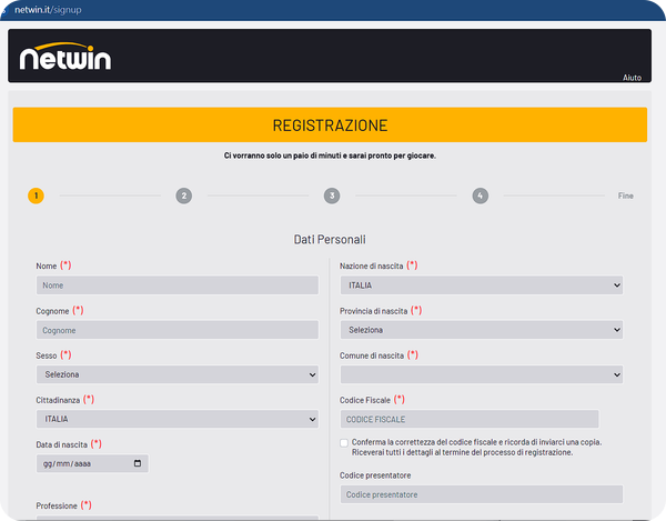 Fase 1 di registrazione su Netwin Casinò