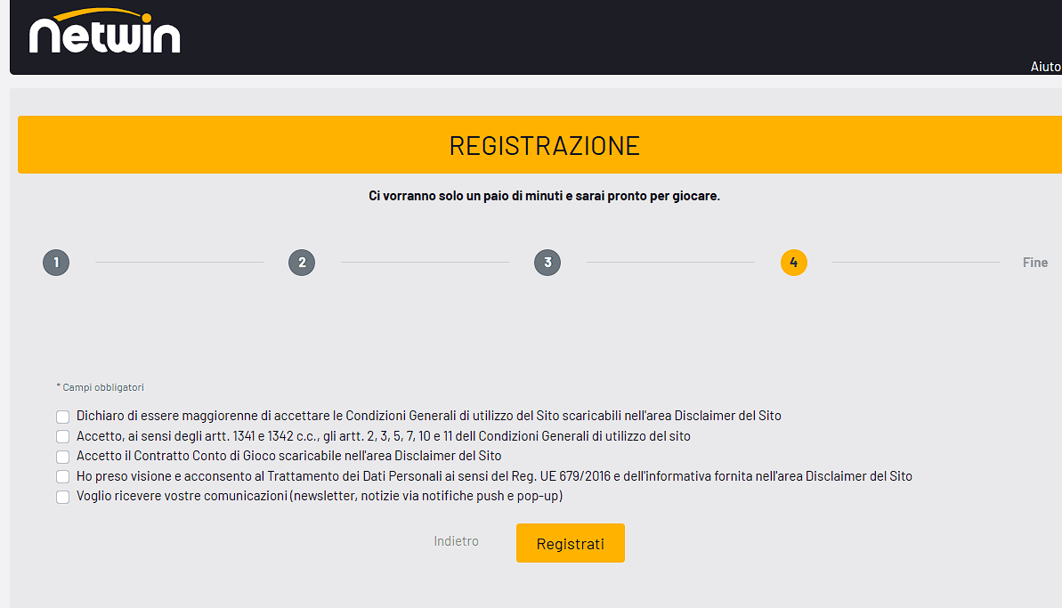 Fase 5 di registrazione su Netwin Casinò