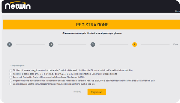 Fase 5 di registrazione su Netwin Casinò
