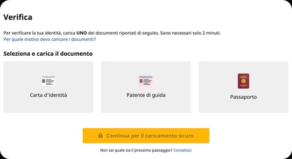 Betfair selezione documento d’identità