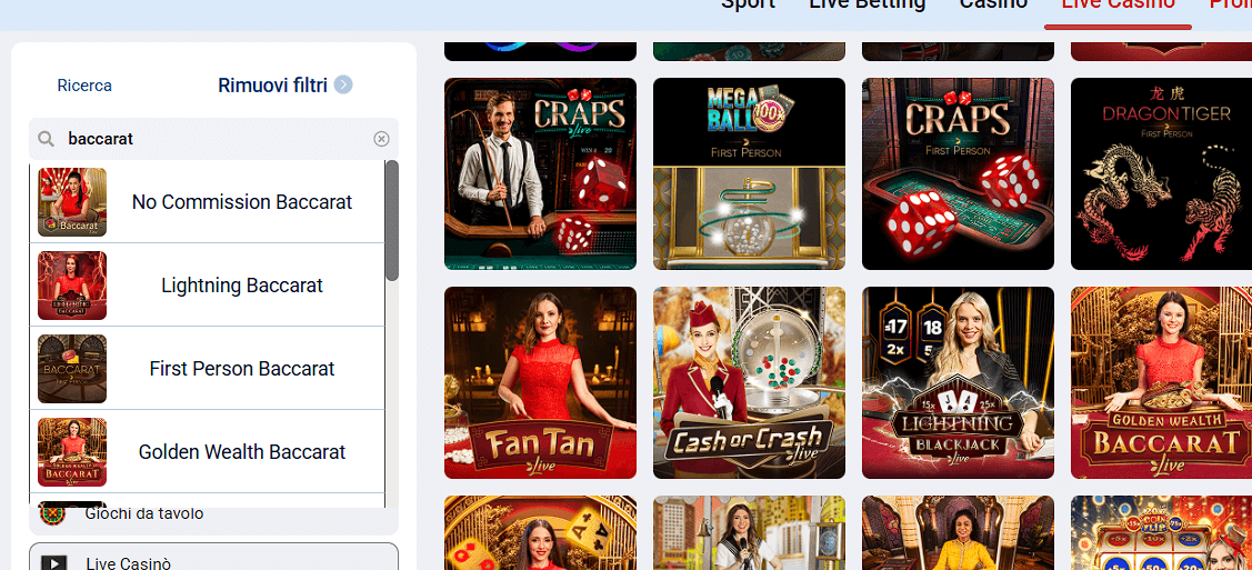 live baccarat su MarathonBet Italia