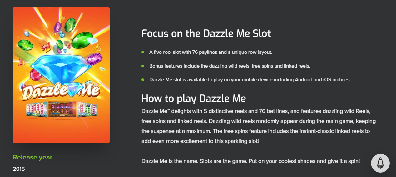 Descrizione di Dazzle Me sul sito dello sviluppatore NetEnt