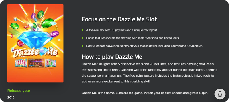Descrizione di Dazzle Me sul sito dello sviluppatore NetEnt