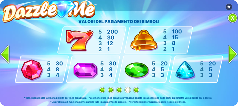 I valori dei pagamenti di ogni simbolo su Dazzle Me