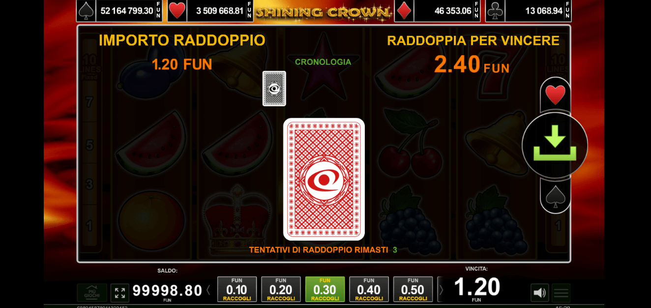 In questa schermata della slot online Shining Crown puoi raddoppiare il tuo bottino