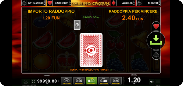 In questa schermata della slot online Shining Crown puoi raddoppiare il tuo bottino