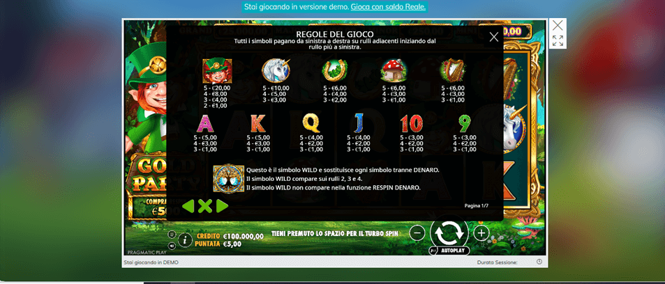 tabella pagamenti slot gold party