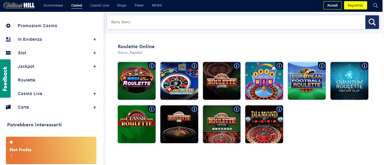 La sezione roulette di William Hill