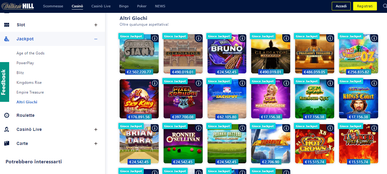 Nelle slot con jackpot di William Hill puoi vincere cifre altissime
