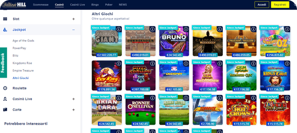 Nelle slot con jackpot di William Hill puoi vincere cifre altissime