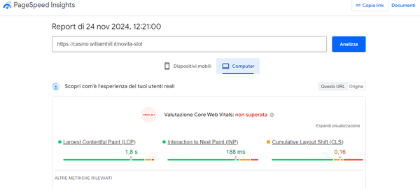 Pagina di recensione del casinò William Hill Controllo della velocità
