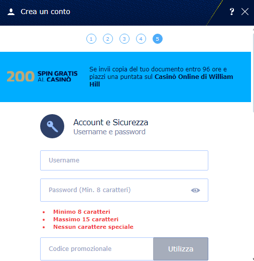 Scegli username e password che utilizzerai per accedere all’account
