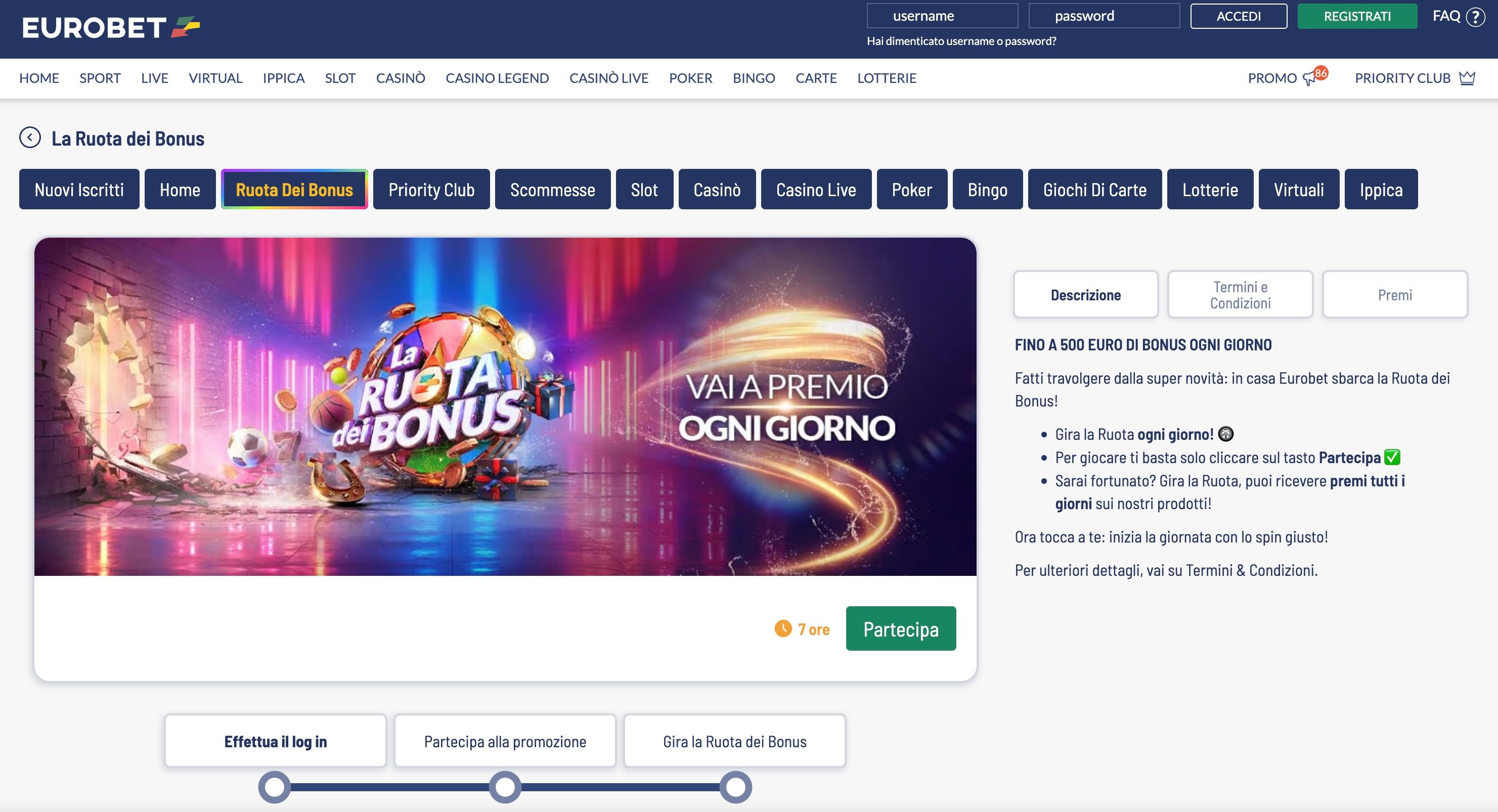 Eurobet: "Ruota dei Bonus Eurobet – Gira e vinci fino a 500€ in bonus per le slot"