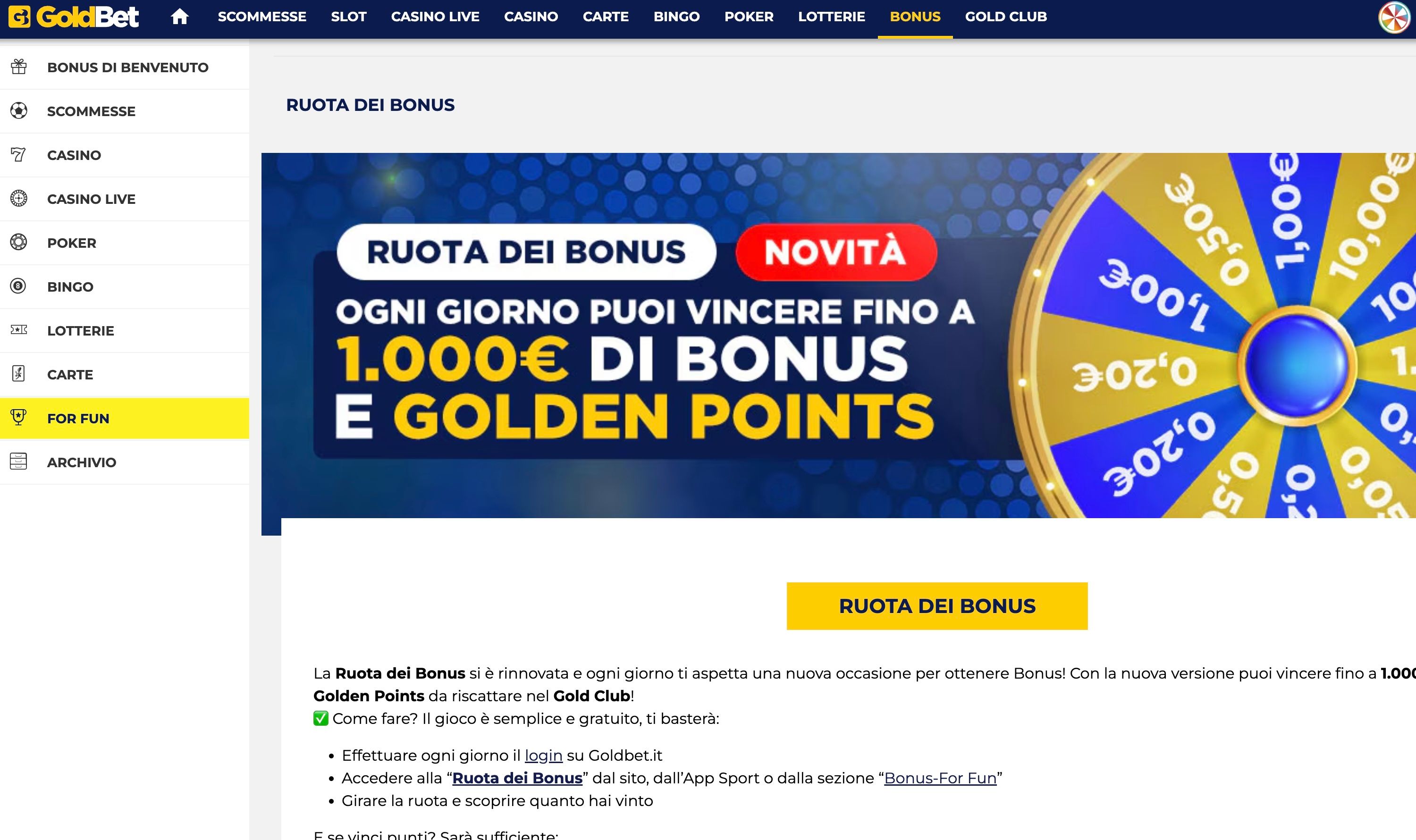 Goldbet:"Ruota dei Bonus Goldbet – Gira la fortuna e vinci fino a 1.000€