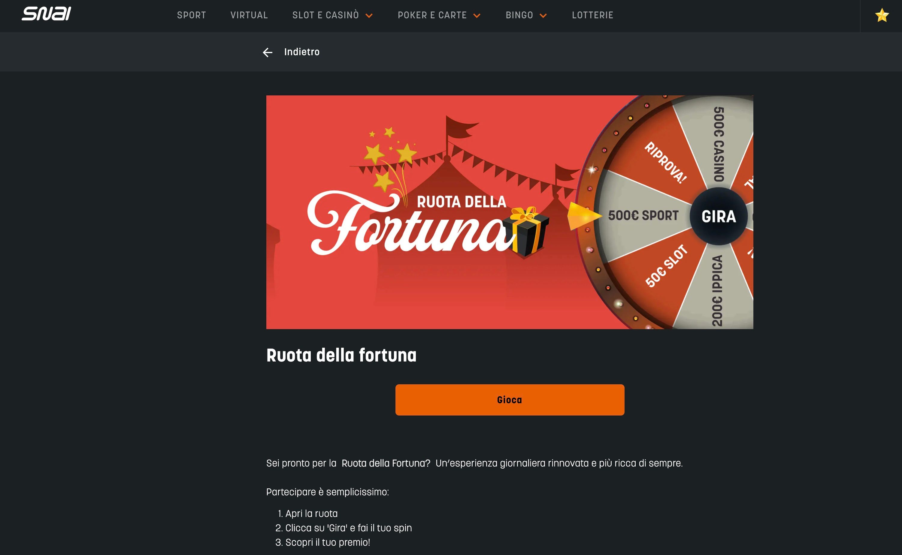 Snai: "Ruota della Fortuna Snai – Bonus giornalieri e giri gratis per gli iscritti"